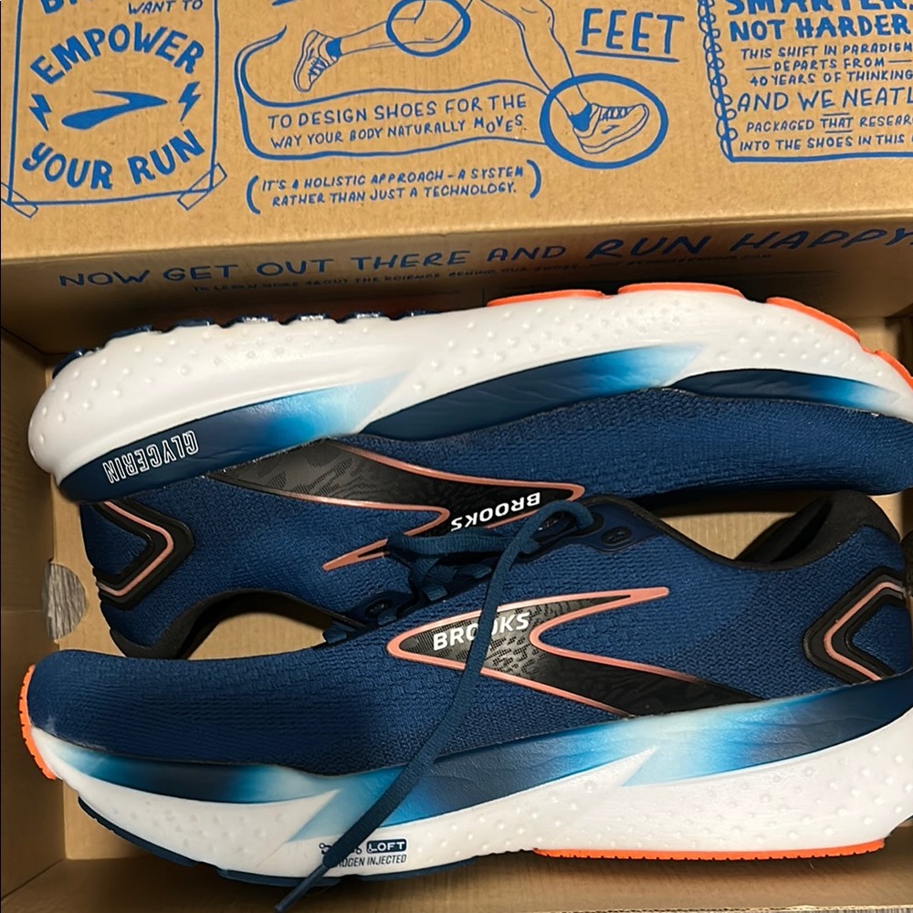 Brooks Glycerin 21  Blue and White Running Shoes with Orange Accents